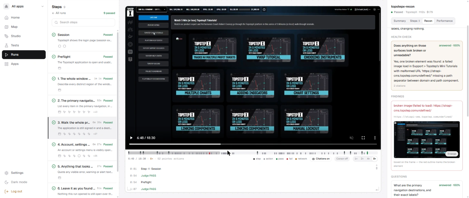 The Ryvetz run view for a TopstepX recon: the step list on the left, the recorded terminal video in the middle, and on the right the recon result, 1 issue found: a broken image in Support › Mini Tutorials with a malformed URL, boxed on the frame it was seen on.